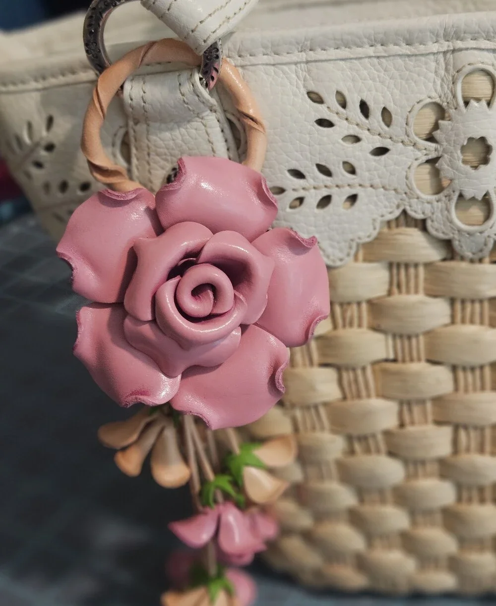 Pink Floral Leather Bag Clip Accessory